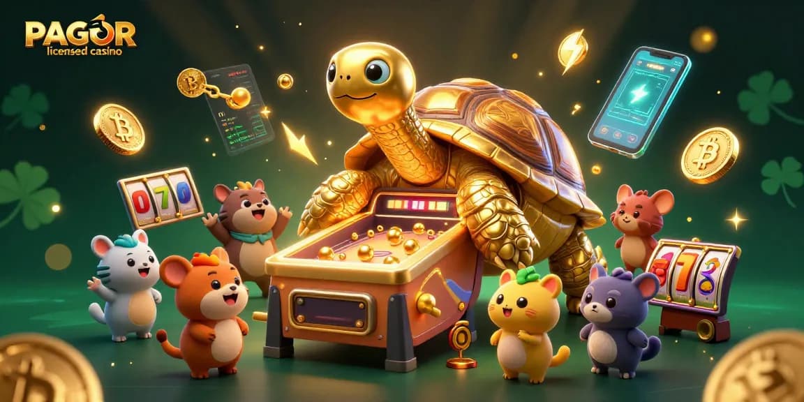 PAGCOR licensed casino scene with a giant tortoise pinball machine and energetic animals, emphasizing gaming excitement.