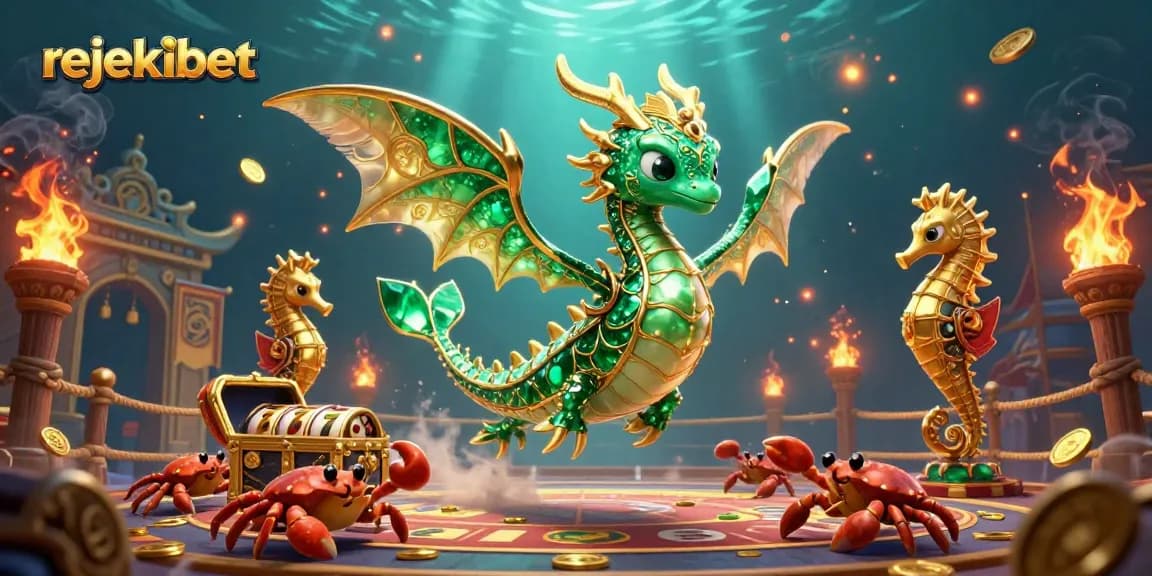 Experience thrilling gaming with Rejekibet's vibrant underwater scene featuring an emerald sea dragon and slot elements.