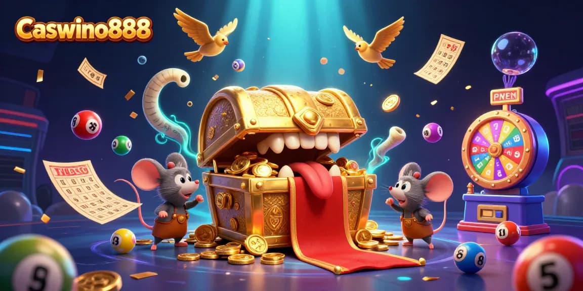 Engage with Caswino888's thrilling casino atmosphere, featuring an animated treasure chest amidst vibrant gaming elements.