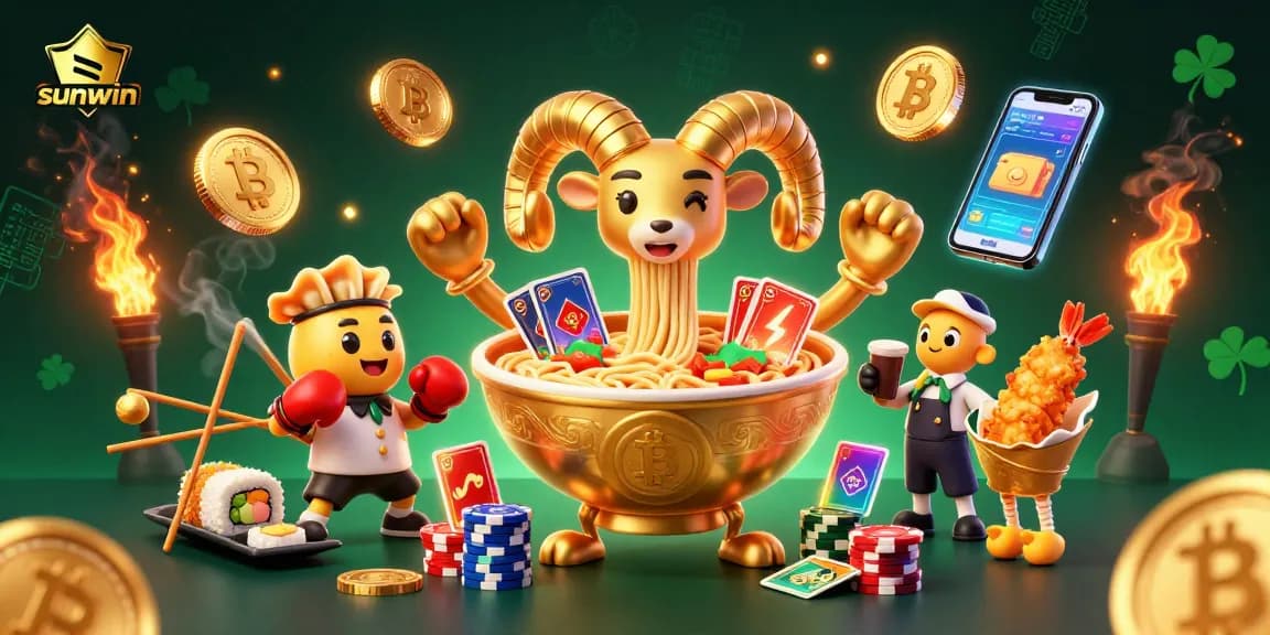 Engage with sunwin's thrilling casino scene featuring a golden ramen bowl dealer and cheerleaders.