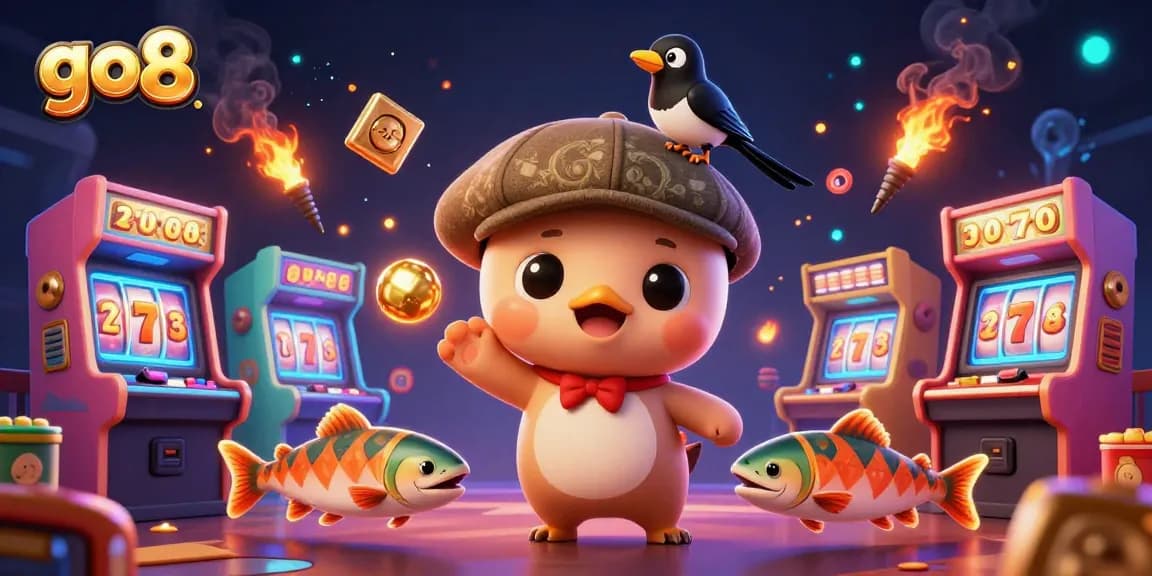 Engage with go8's exciting casino experience featuring a playful Nessie and vibrant slot game elements.