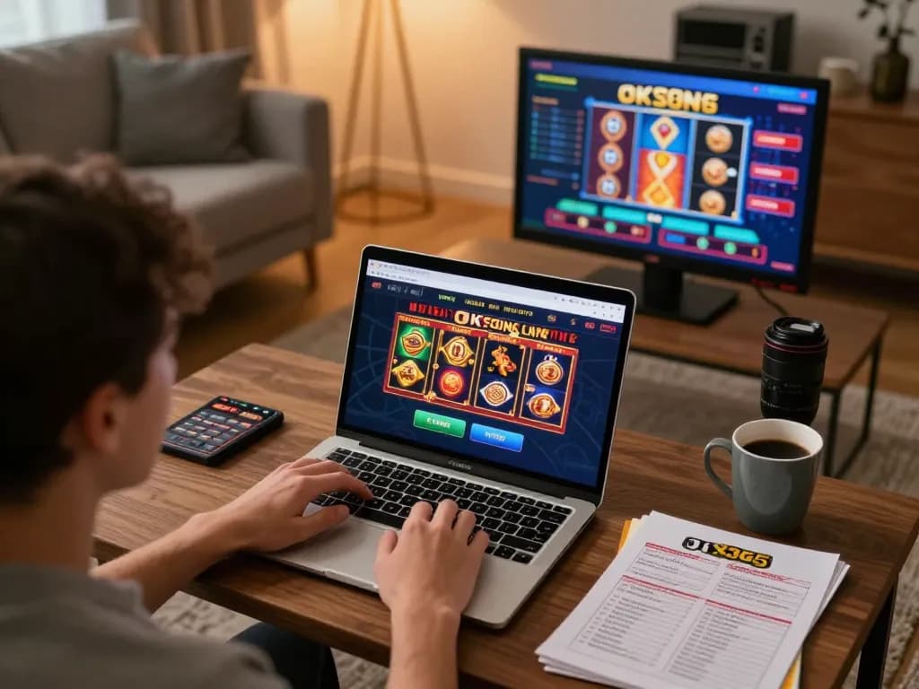 Engaging with ok365 online casino platform in a cozy home setting, showcasing strategic gaming.