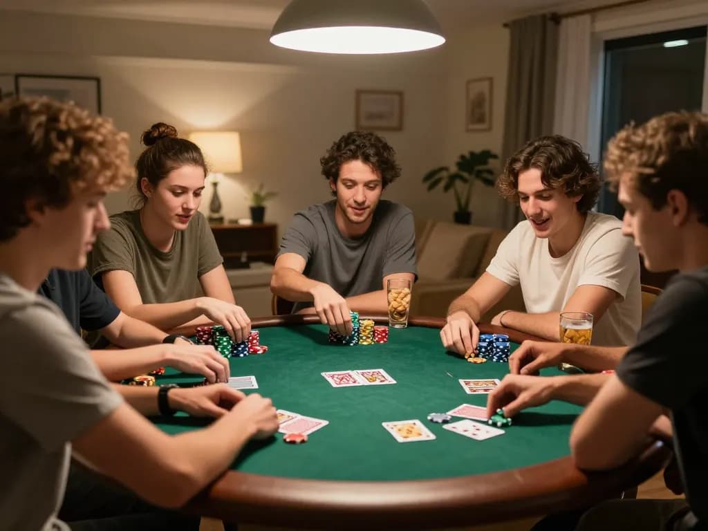 Net88 players enjoying an engaging home poker game with colorful chips and cards.
