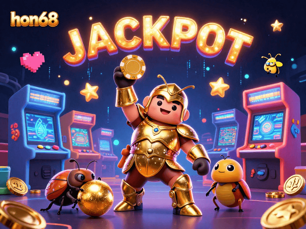 Play and win big at hon68 with a heroic beetle lifting a poker chip in a vibrant game scene.