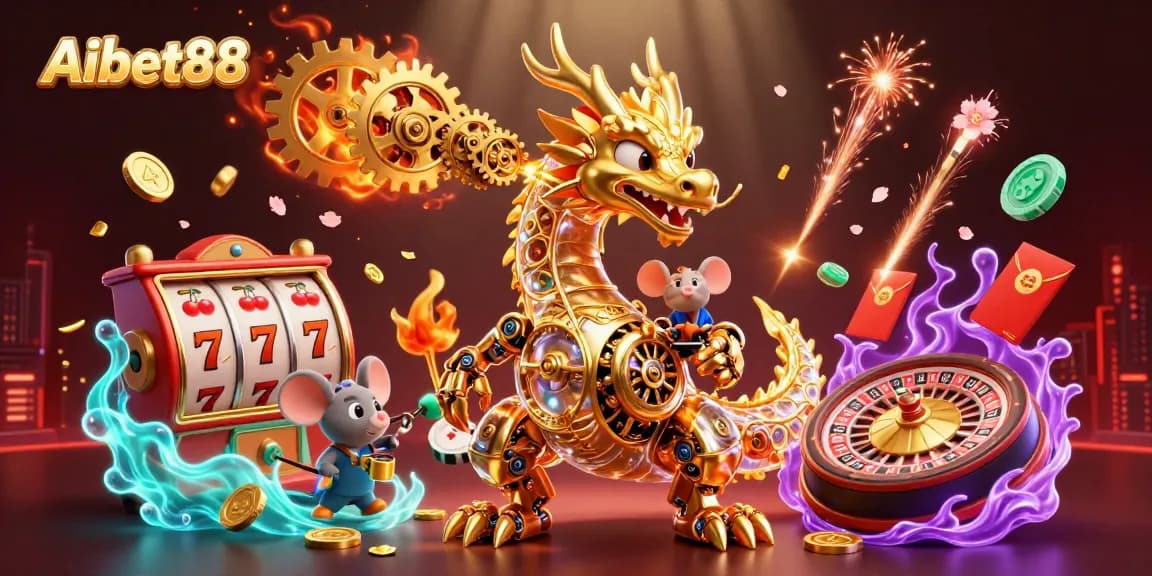 Aibet88 showcases an energetic 3D casino scene with dynamic elements including slot reels and poker chips.