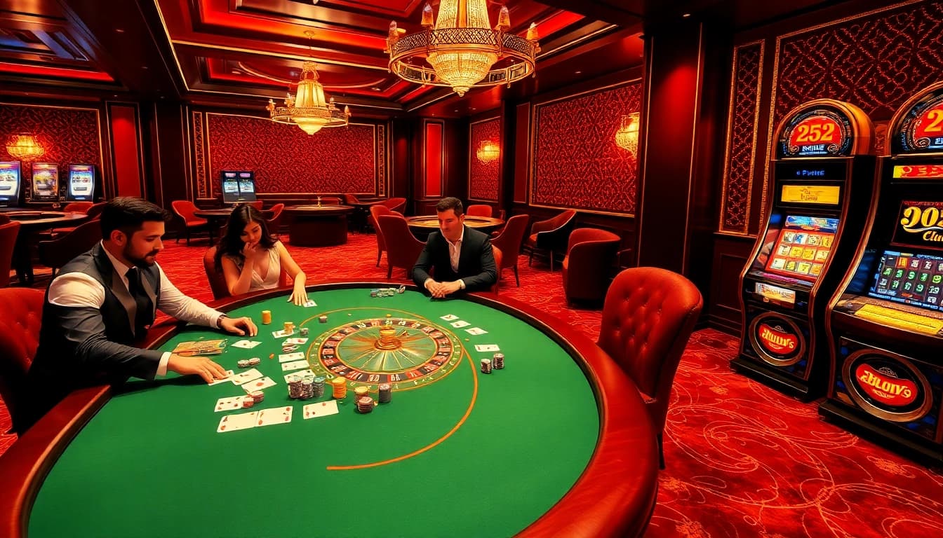 Players engaging at the B52.club casino with cards, poker chips, and a roulette wheel.