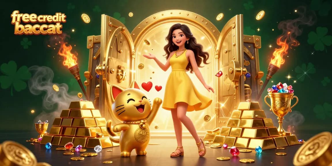 Experience free credit baccarat with a cheerful Asian woman and a lucky cat mascot in a lavish casino scene.