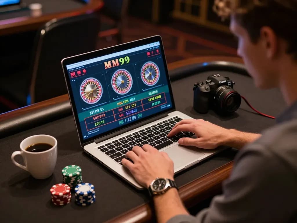 Player analyzing odds while playing online Casino MM99 in an inviting home gaming setup