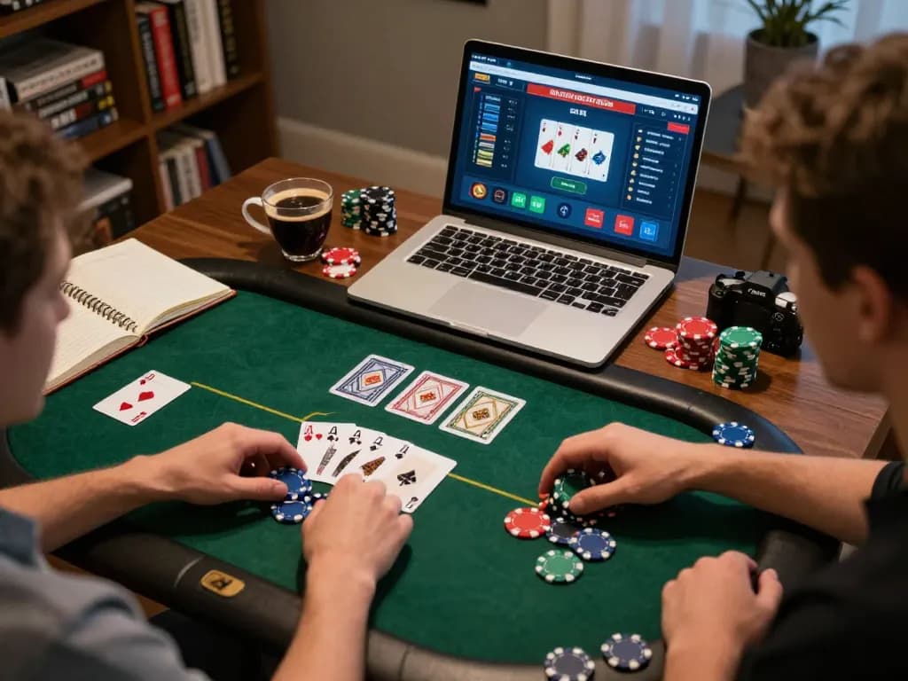 Engaging online poker scene featuring a player betting strategically with 88vv's gaming interface in a cozy home office.