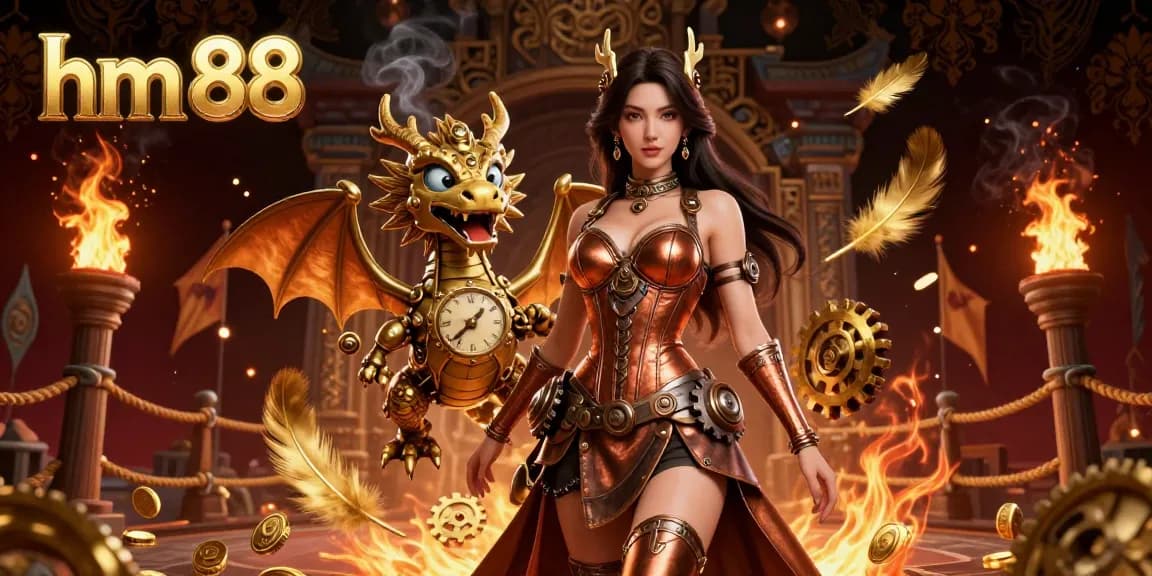 Hit big at hm 88; featuring a 3D steampunk woman with a clockwork dragon in a vibrant casino setting.
