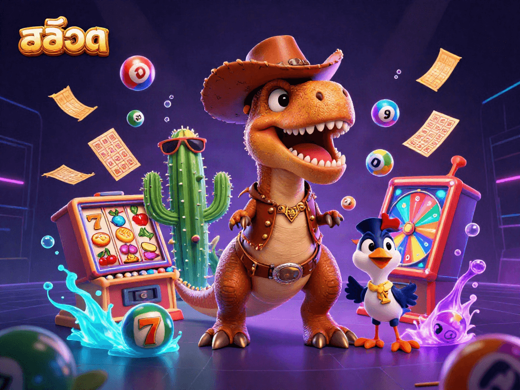 Engage in exciting สล็อต gameplay with a vibrant scene featuring a T-Rex cowboy and lottery elements.