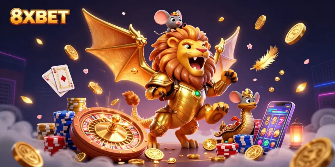 8XBET showcases a triumphant chimera with a mouse jockey amid a wealth of casino excitement.
