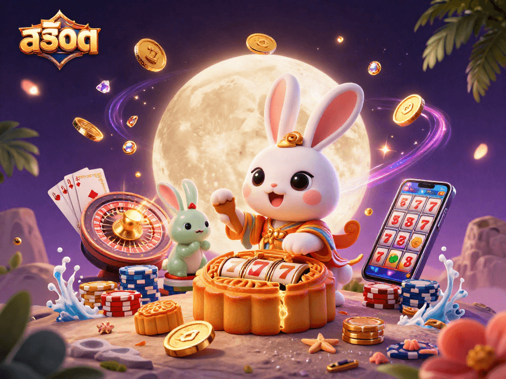 Engaging slots scene with a moon rabbit, showcasing สล็อต, golden coins, and vibrant casino elements.