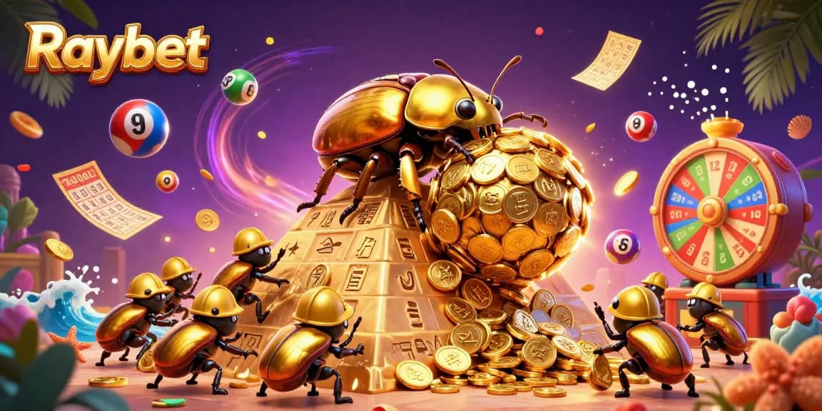 Experience the excitement of Raybet with vibrant lottery elements and a golden beetle rolling coins.