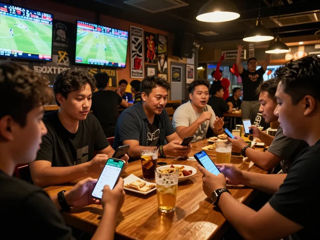 Kèo nhà cái 5 sports betting action in a bustling sports bar with patrons engaged