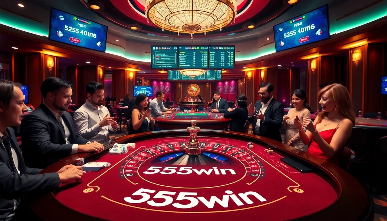 Experience the excitement of 555win casino with players at a roulette table and vibrant chips.