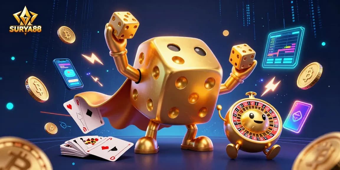 SURYA88 showcases an animated scene of a golden dice golem and crypto coins enriching the gaming experience.