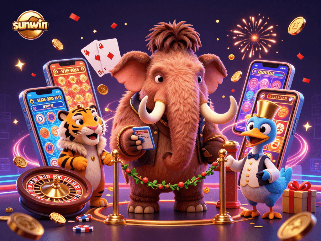 Experience excitement at sunwin with a vibrant 3D casino scene featuring unique characters and dynamic game elements.