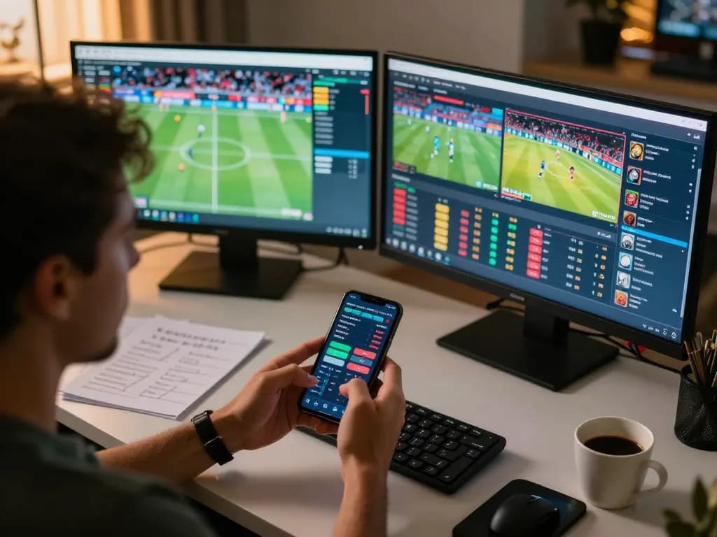 Engaging in sports betting on smartphone at home, focused on https://goal123.ac/ live odds interface.