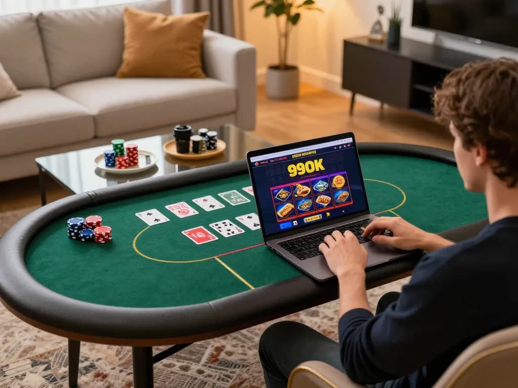 Player engaging with 99OK online casino on their laptop in a cozy home setting