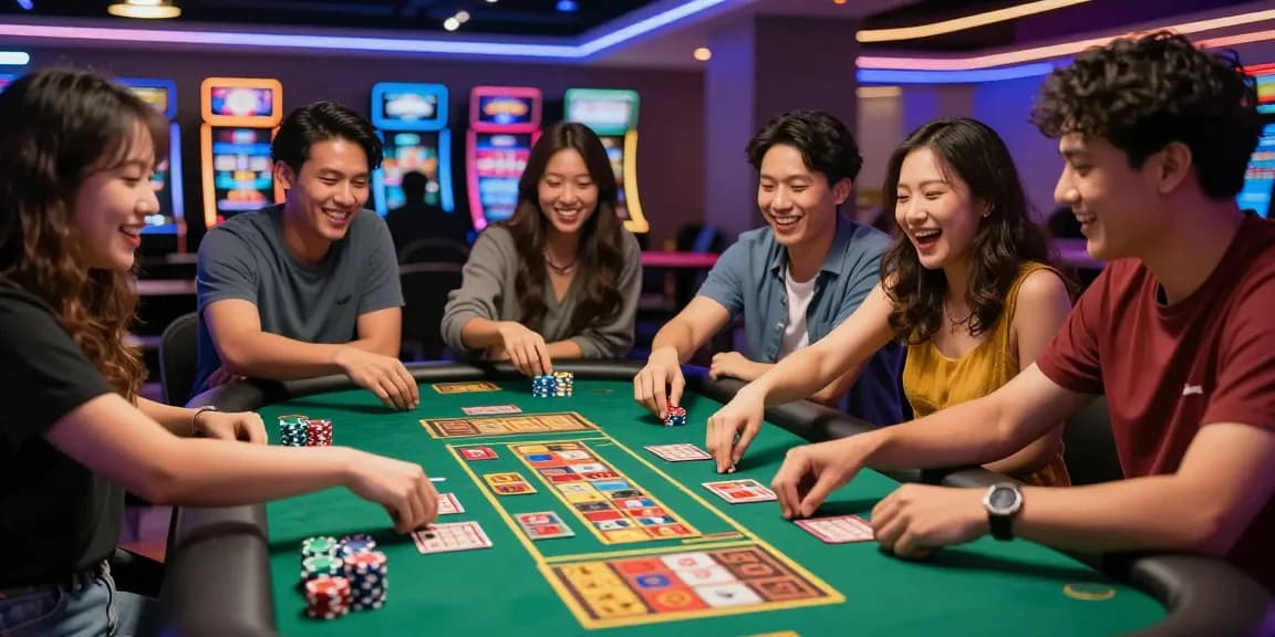 Friends enjoying a Toto Togel gaming experience at a vibrant casino table.