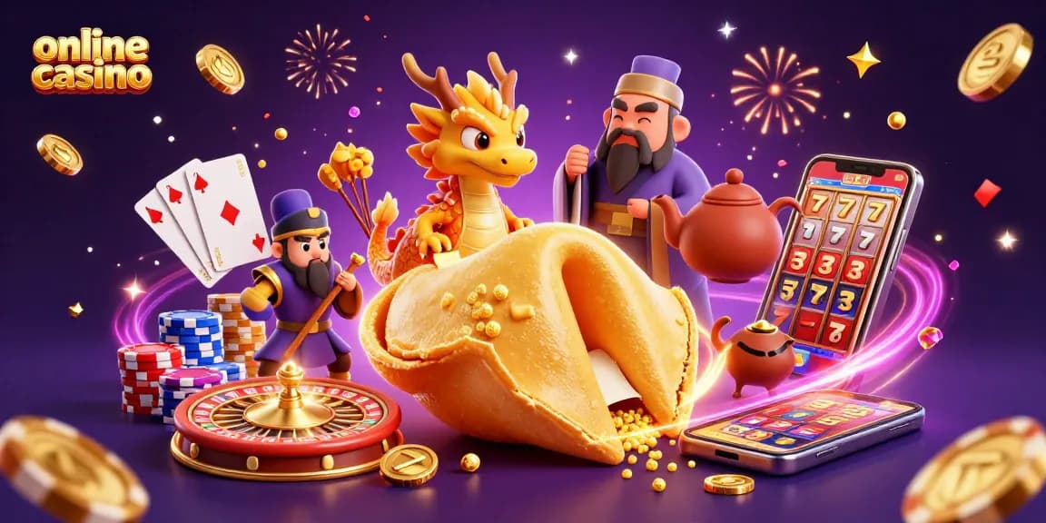 Experience excitement at this online casino with a golden fortune cookie character and vibrant gaming elements