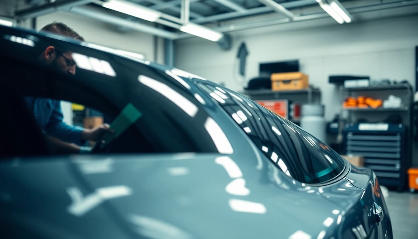Apply auto window tint near me with skilled technicians in a modern garage.