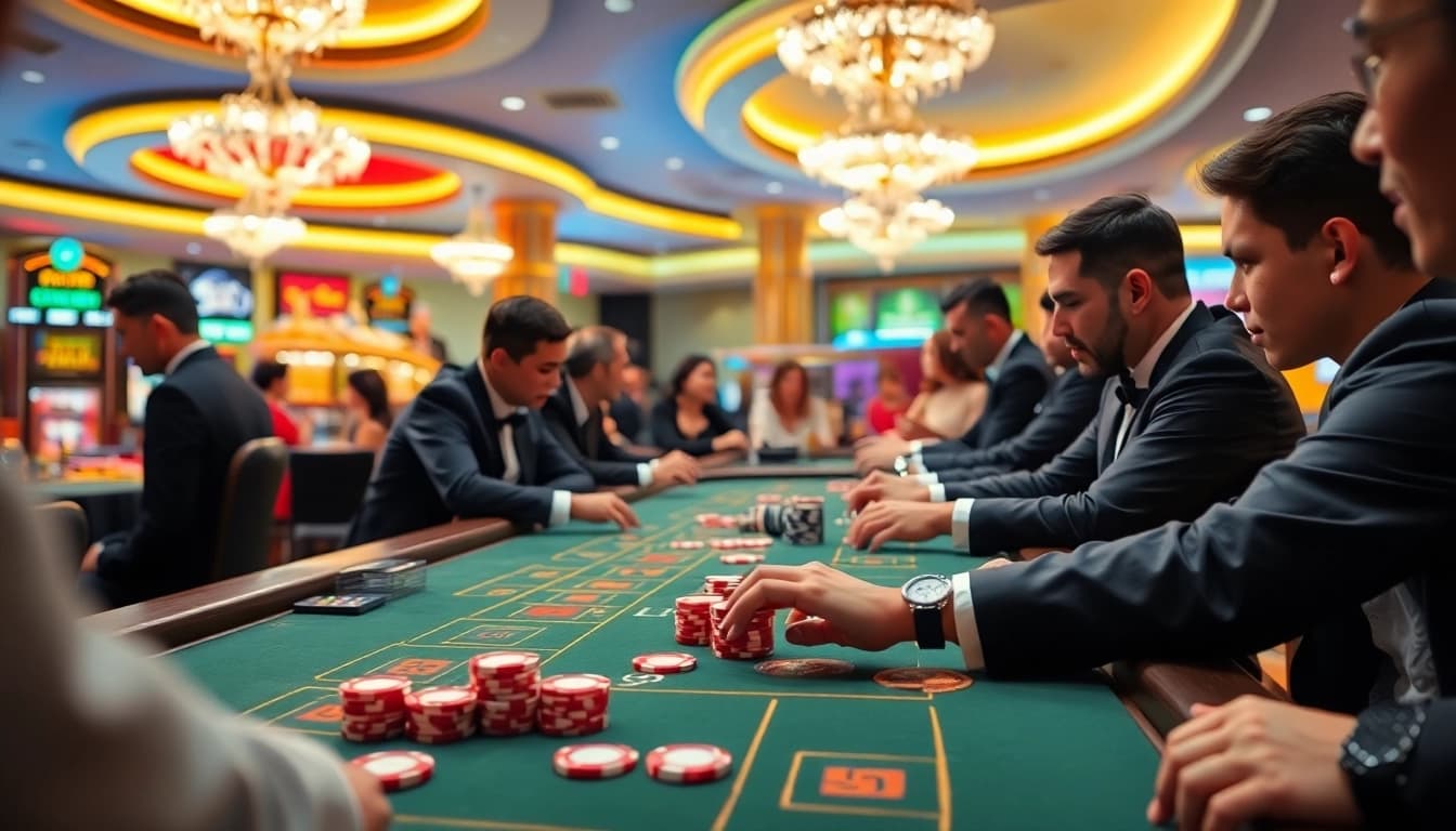 Bandar togel table with enthusiastic players placing bets in a lively casino atmosphere.