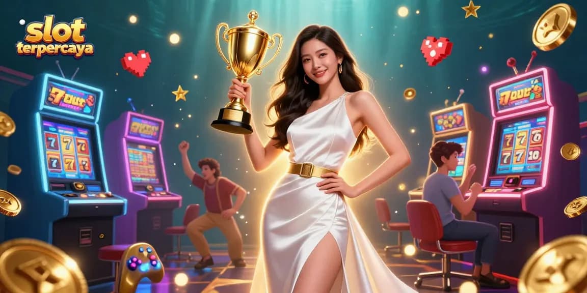 Engage with the thrilling world of slot terpercaya, featuring an Asian winner holding a trophy amidst vibrant slot games.