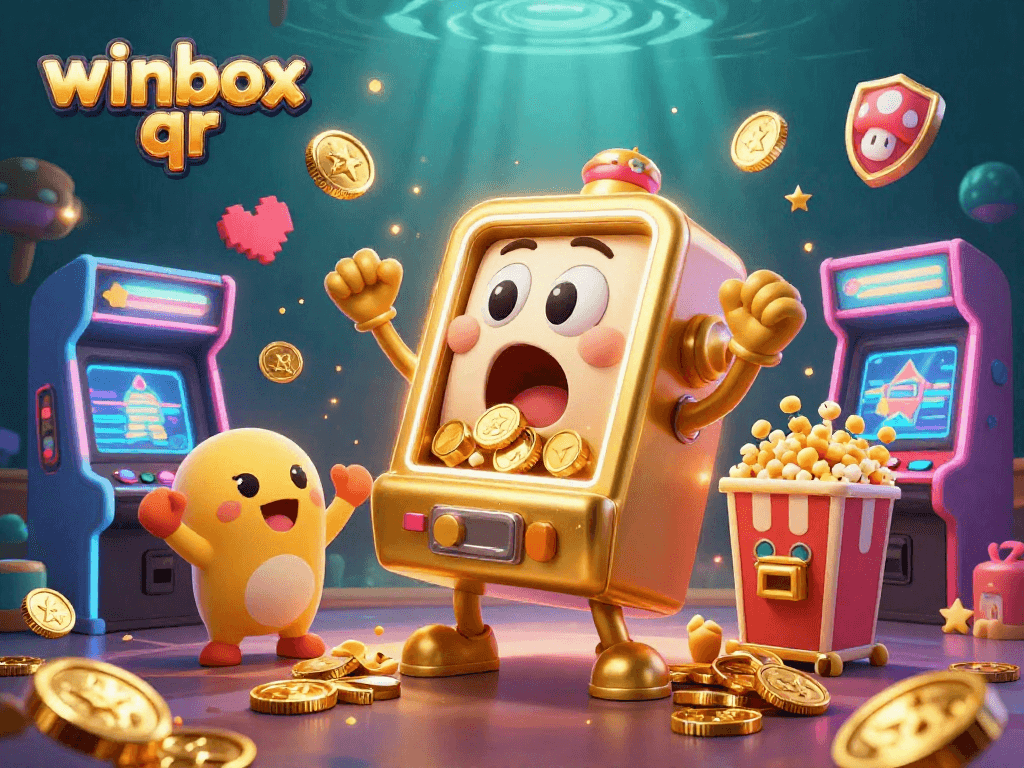 winbox qr showcases an animated golden slot machine celebrating its jackpot with cheering companions