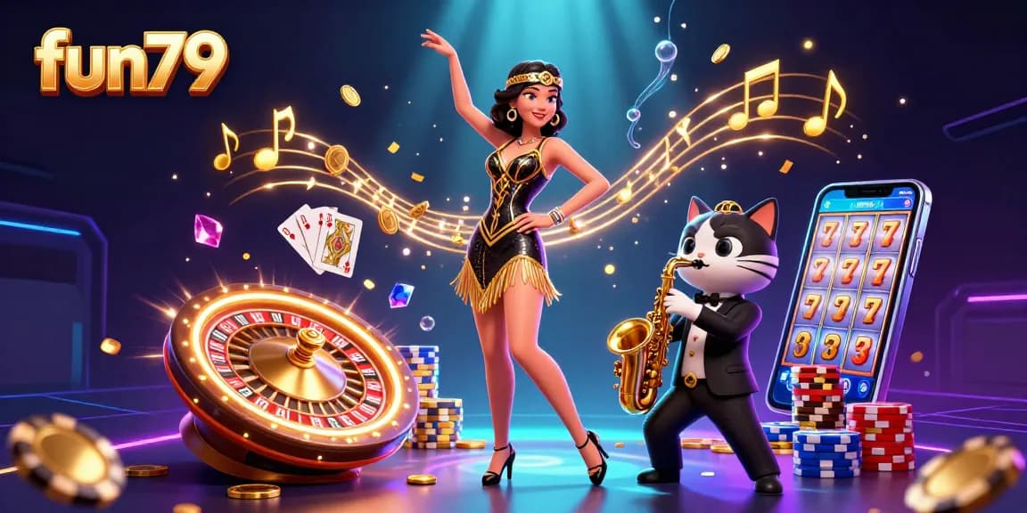 Experience fun79's vibrant online casino scene with gold coins, colorful chips, engaging characters, and dynamic gameplay.