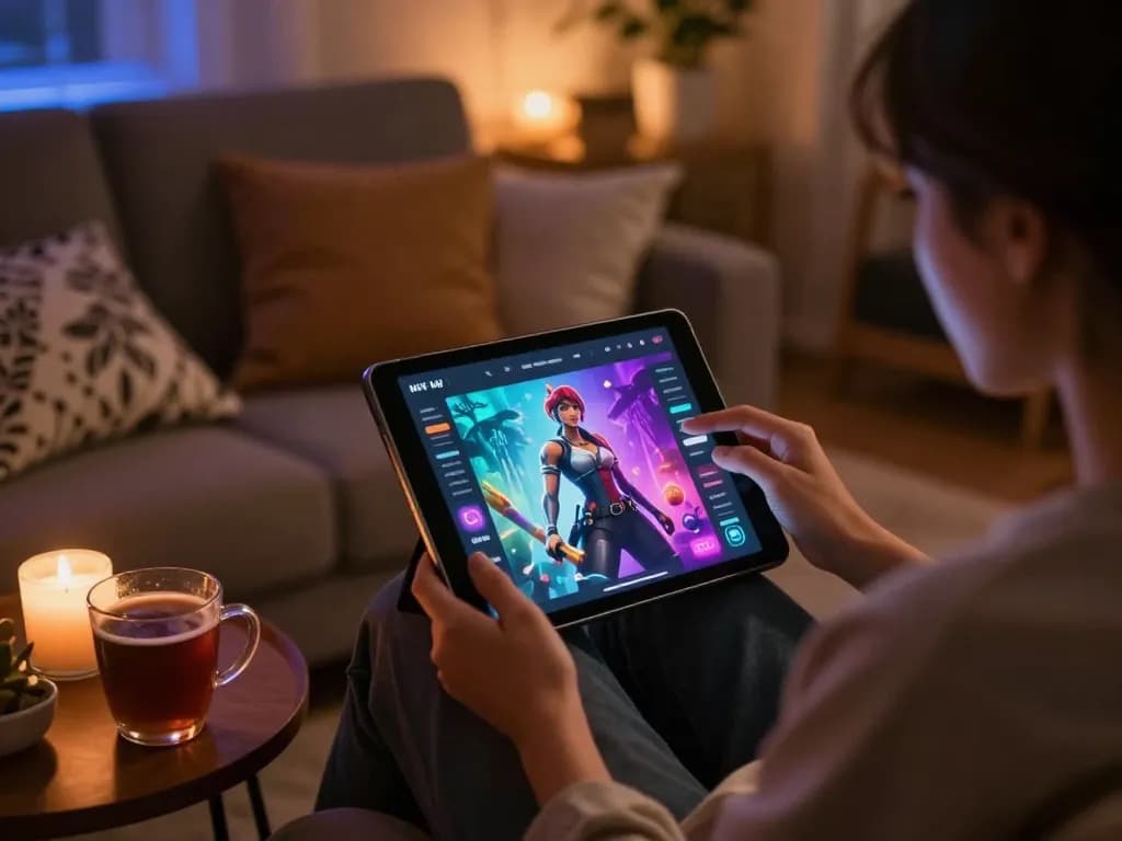 Engaging with nsfw ai character on a tablet in cozy room