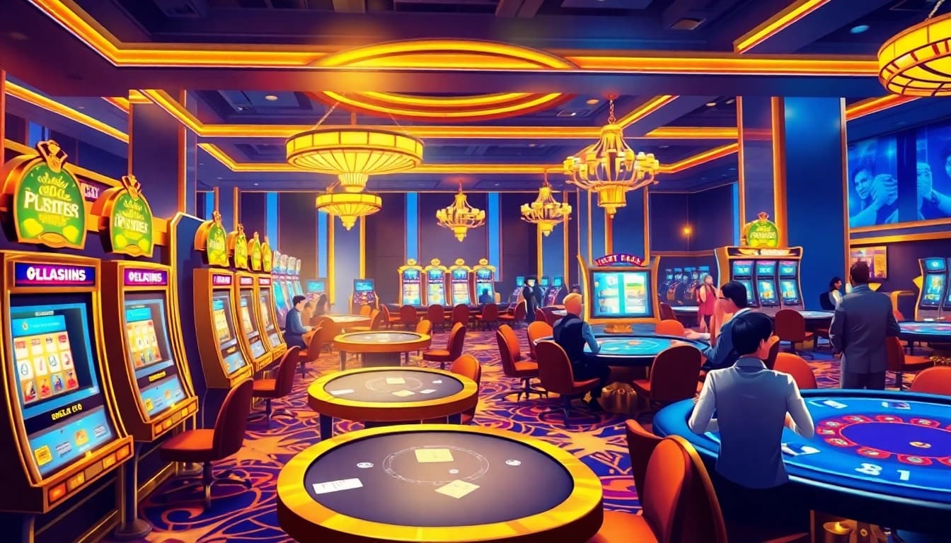 luxury12 engaging players at a glamorous casino table with high-end slot machines.