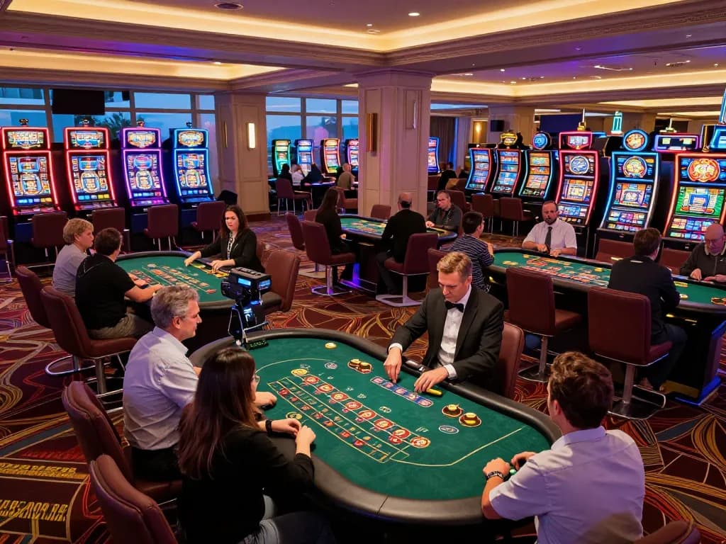 A lively gaming scene at trang chủ kjc with players engaged in poker and roulette, showcasing casino excitement