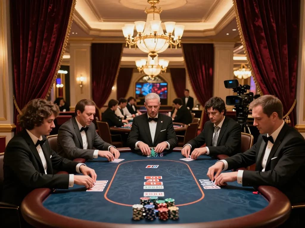 KONG 88 high-stakes poker game in a luxurious high-roller room, players focused on their strategy.