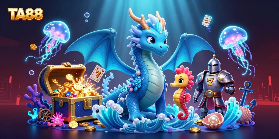 Join the excitement of TA88 with a vibrant underwater casino scene, featuring glowing treasures and animated characters.