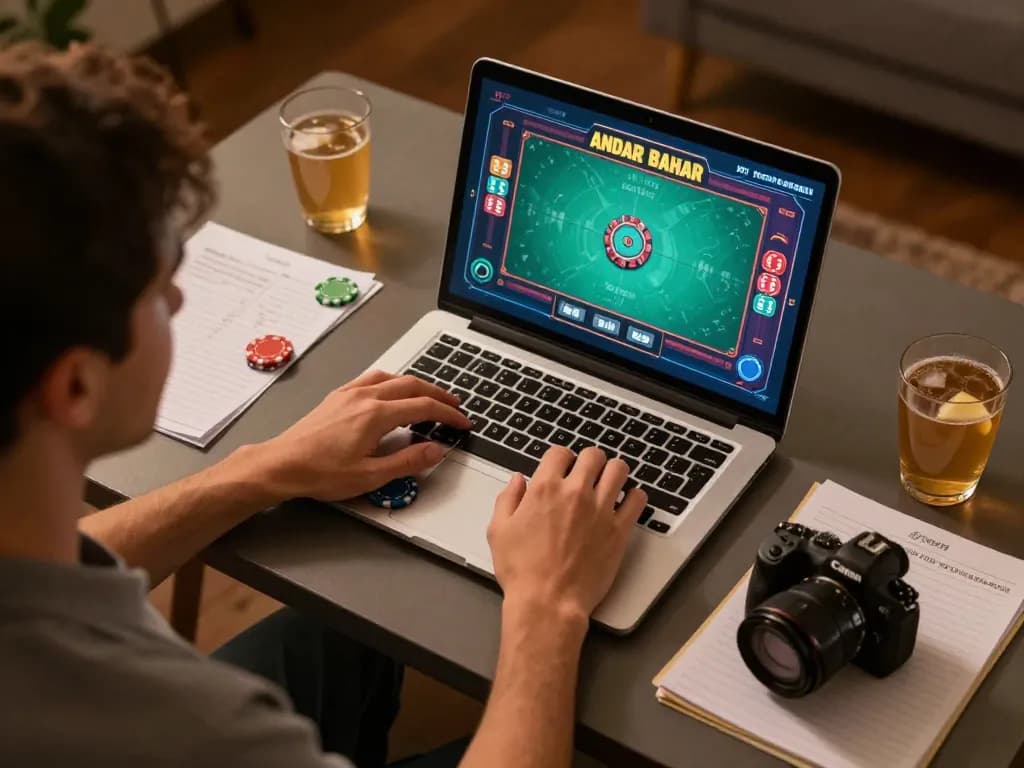 A player enjoys Andar Bahar on go8 trang chủ laptop, showcasing strategic gaming and comfortable ambiance.