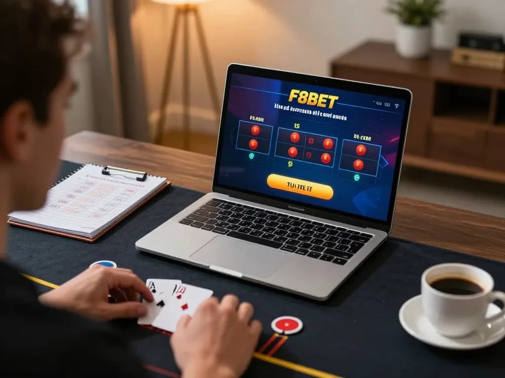 Playing live dealer blackjack on F8BET platform in a cozy home setup with strategic gaming accessories.