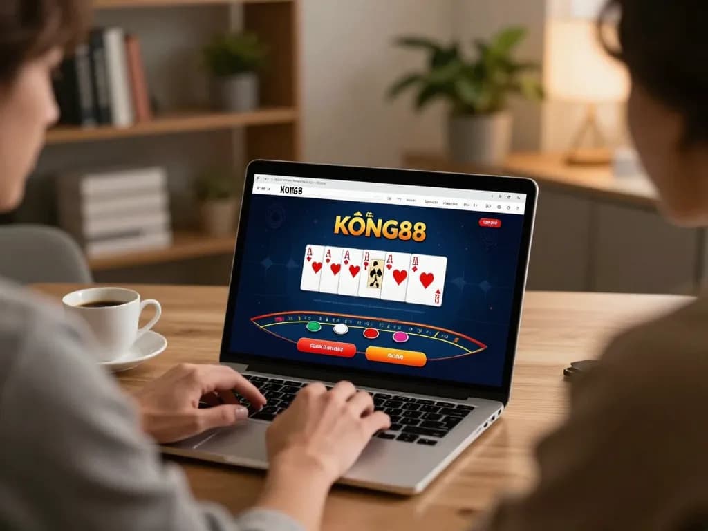 Playing on Nhà cái KONG88 at home, strategic poker setup with warm ambiance and focused gaming