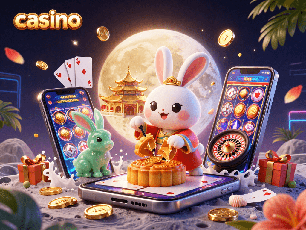 Casino-themed illustration featuring a moon rabbit with poker chips, showcasing dynamic gambling elements.