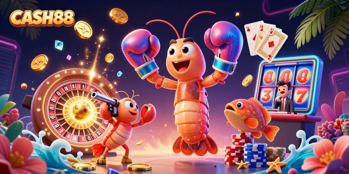 CASH88 showcases dynamic gaming action with vibrant characters amid flying coins and casino elements.