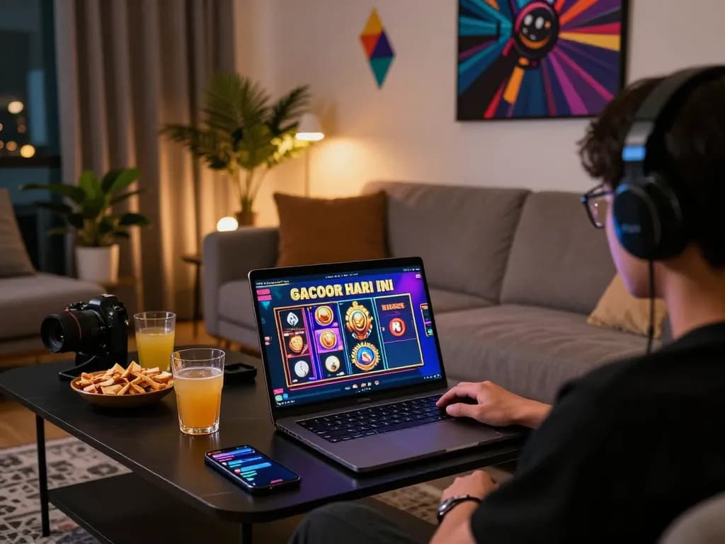 Orang menikmati permainan slot gacor hari ini dalam suasana ruang tamu yang nyaman.