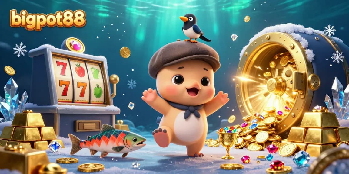 Win at bigpot88 with playful Nessie amidst slot games and golden treasures in a vibrant casino scene.
