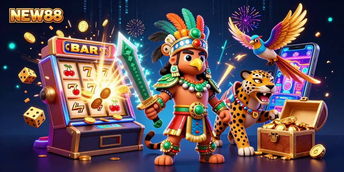 Spin the reels with NEW88 at a vibrant 3D casino, featuring warriors, jackpots, and exciting game elements.