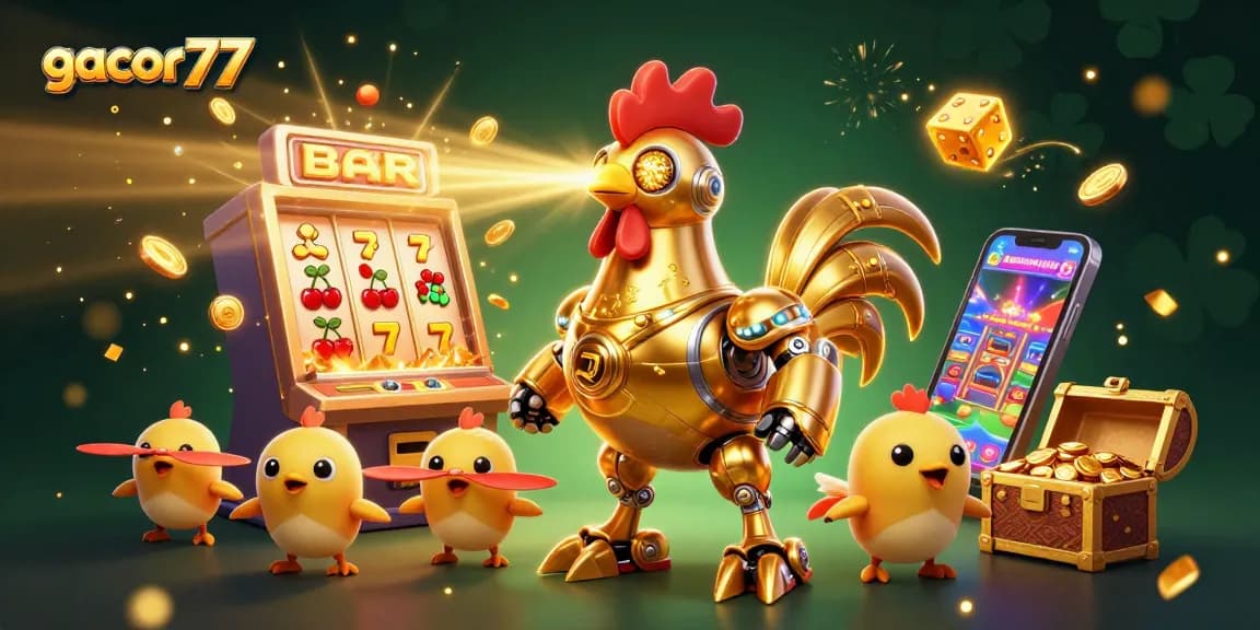 Rasakan keseruan bermain gacor77 dengan ayam robot emas dan simbol jackpot yang berlimpah.