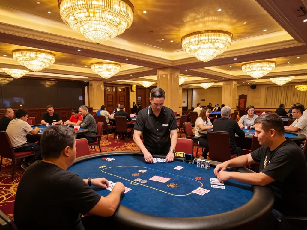 Players strategizing in a high-stakes poker game at sx 88 casino, with vibrant atmosphere and professional dealer.
