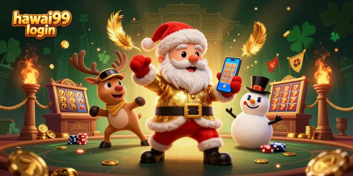 Experience winning with hawai99 login in this lively 3D casino scene featuring Santa and friends.