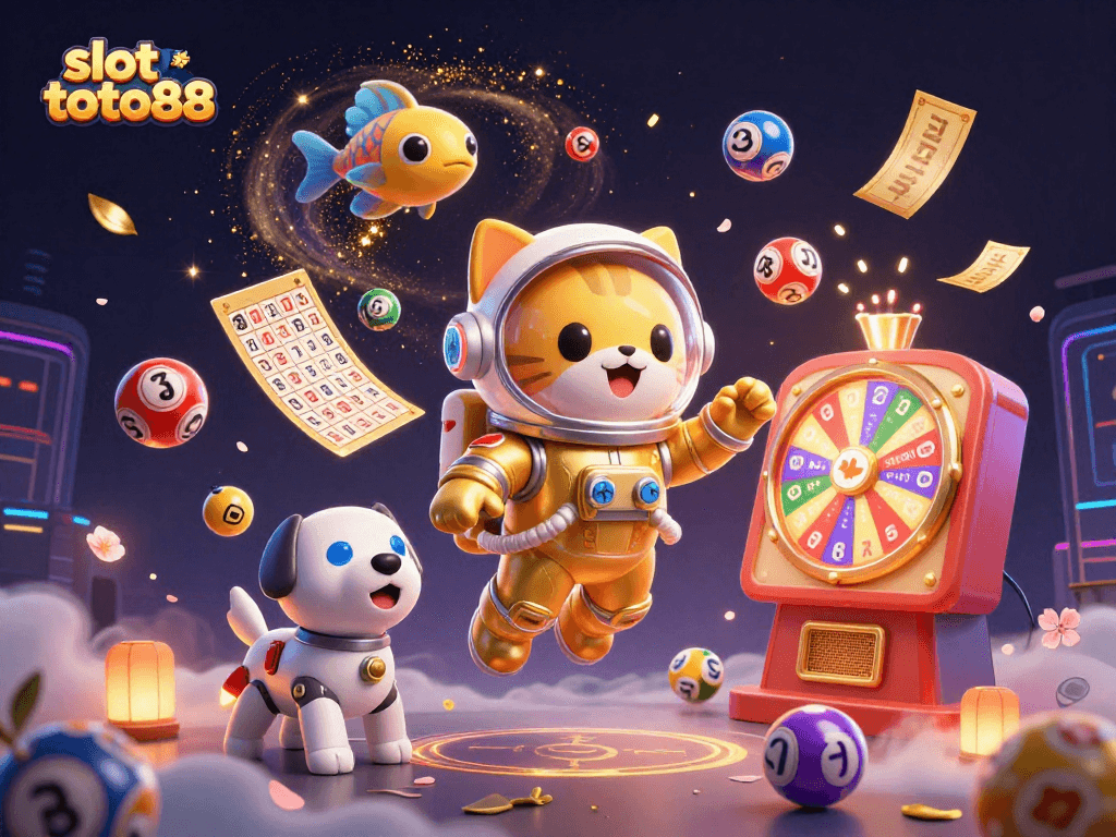 Experience slot toto88 excitement with an astronaut cat, robot dog, and alien fish in a vibrant cosmic scene.