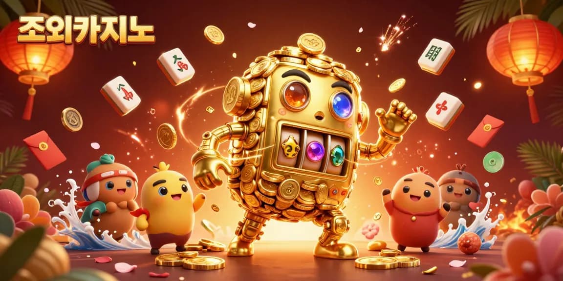 Experience the thrilling world of 조이카지노 with a golden golem surrounded by vibrant casino elements.