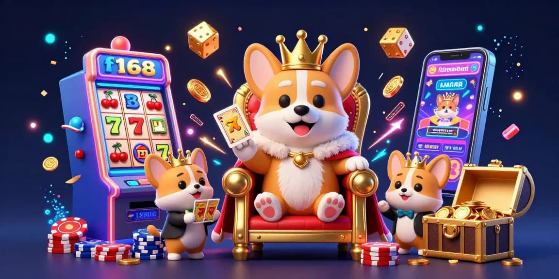 Experience the enchanting F168 casino chaos with a royal corgi, vibrant games, and golden treasures.
